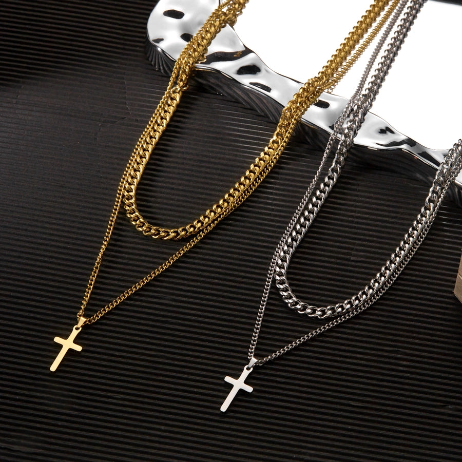 Hip-Hop Cross 201 Stainless Steel Men's Double Layer Necklaces