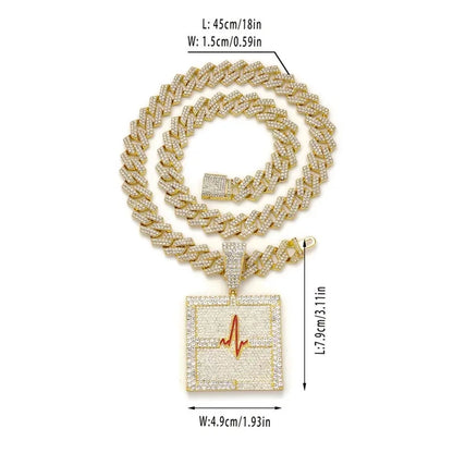 Cross-Border New Arrival European and American Hip Hop Style Dripping Oil Full Diamond Heartbeat Pulse Pendant Necklace High Quality Men's Cuban Link Chain