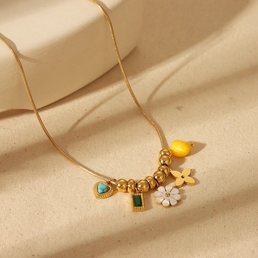 Jewelry Simple Style Commute Red Heart Flower Bee 304 Stainless Steel Artificial Pearls 18K Gold Plated Epoxy Plating Inlay Pendant Necklace