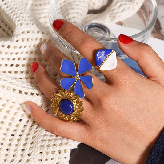 Jewelry Preppy Style Sweet Pastoral Flower Rhombus 304 Stainless Steel Zircon 14K Gold Plated Enamel Open Rings