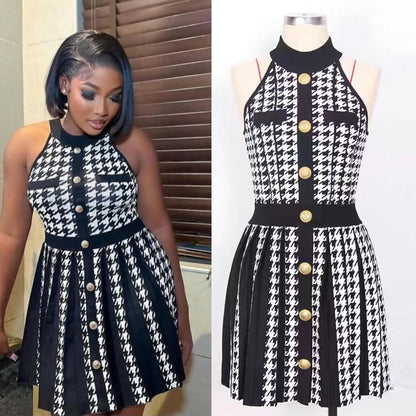 Women's Sheath Dress Elegant Round Neck Button Sleeveless Houndstooth Above Knee Daily