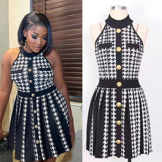 Women's Sheath Dress Elegant Round Neck Button Sleeveless Houndstooth Above Knee Daily