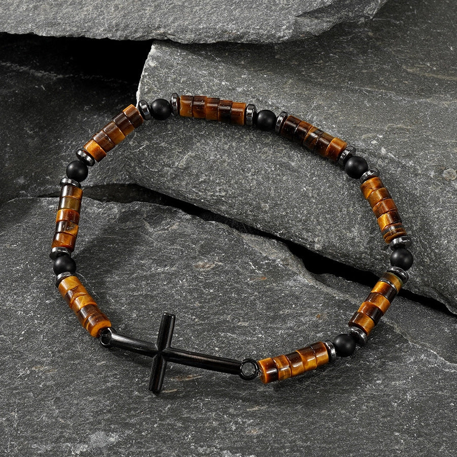 Casual Cross Semi-precious stone Tiger Eye Iron Gall Stone  Bracelets In Bulk Natural Stone Bracelet