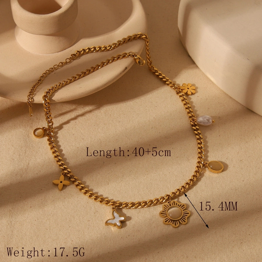 Jewelry IG Style Elegant Commute Solid Color Flower Butterfly 304 Stainless Steel Zircon 18K Gold Plated Plating Inlay Pendant Necklace