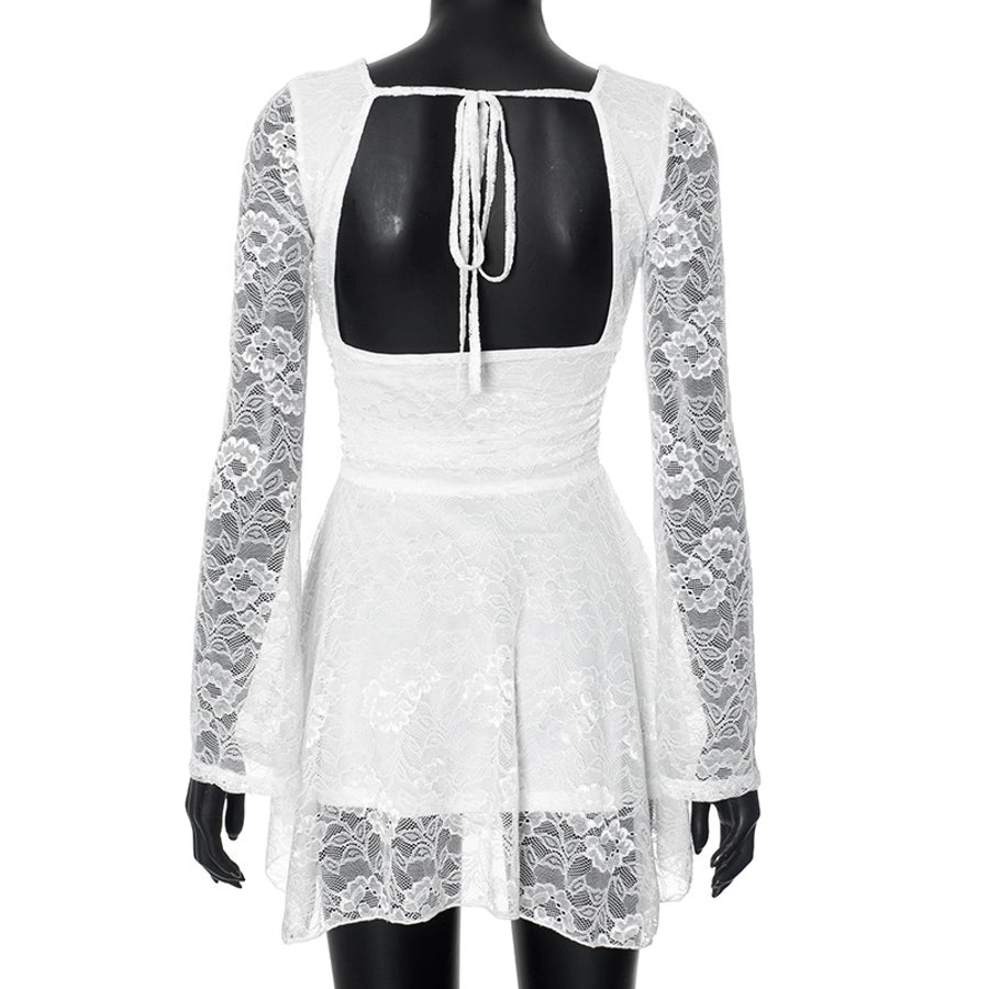 Women's A- Line Skirt Streetwear V Neck Lace Long Sleeve Solid Color Above Knee Daily