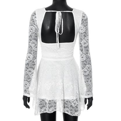 Women's A- Line Skirt Streetwear V Neck Lace Long Sleeve Solid Color Above Knee Daily