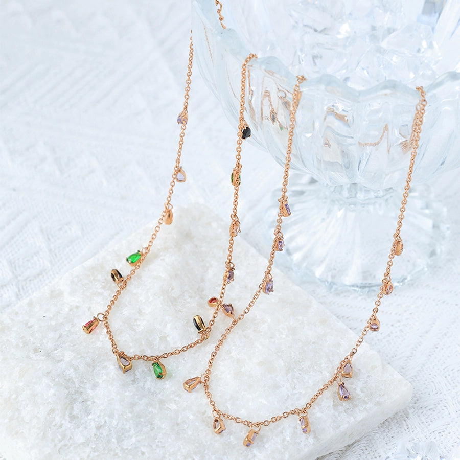 Jewelry Casual Sweet Shiny Water Droplets 304 Stainless Steel Zircon 14K Gold Plated Multi Charms Necklace