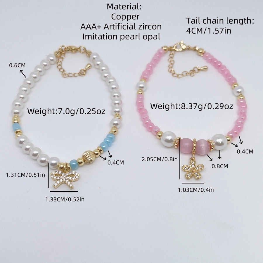Sweet Flower Butterfly Bow Knot 18K Gold Plated Zircon Imitation Pearl Copper ball chain Beaded Bracelets
