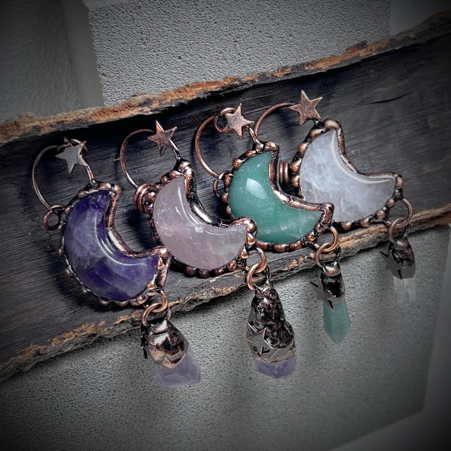 1 Piece 35*91mm Crystal Green aventurine Natural Stone Crystal Star Moon Pendant Jewelry Accessories