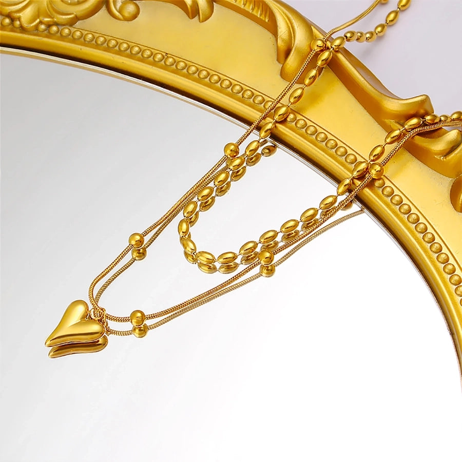 Jewelry Simple Style Heart Shape 304 Stainless Steel 18K Gold Plated Plating Double Layer Necklaces