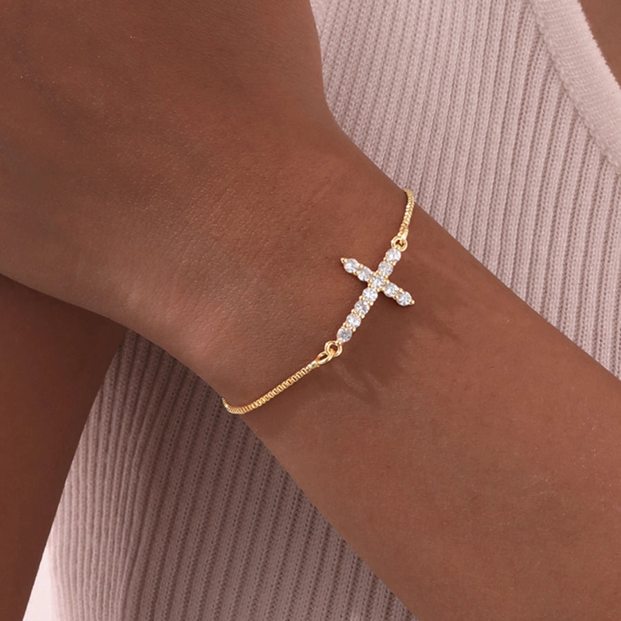 Jewelry IG Style Cross Copper Zircon 18K Gold Plated Inlay Bracelets