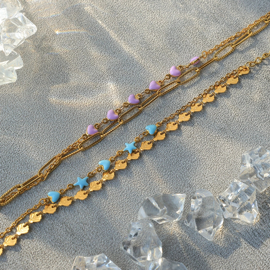 Modern Style Sweet Simple Style Star Heart Shape Shell 304 Stainless Steel 14K Gold Plated Paperclip Chain Bracelets In Bulk Stainless Steel Bracelets