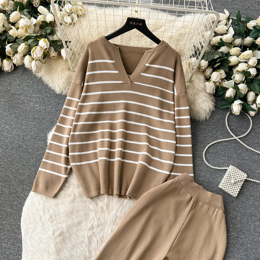 school outdoor daily women's simple style stripe simple spandex polyester knit elastic waist pants sets pants sets