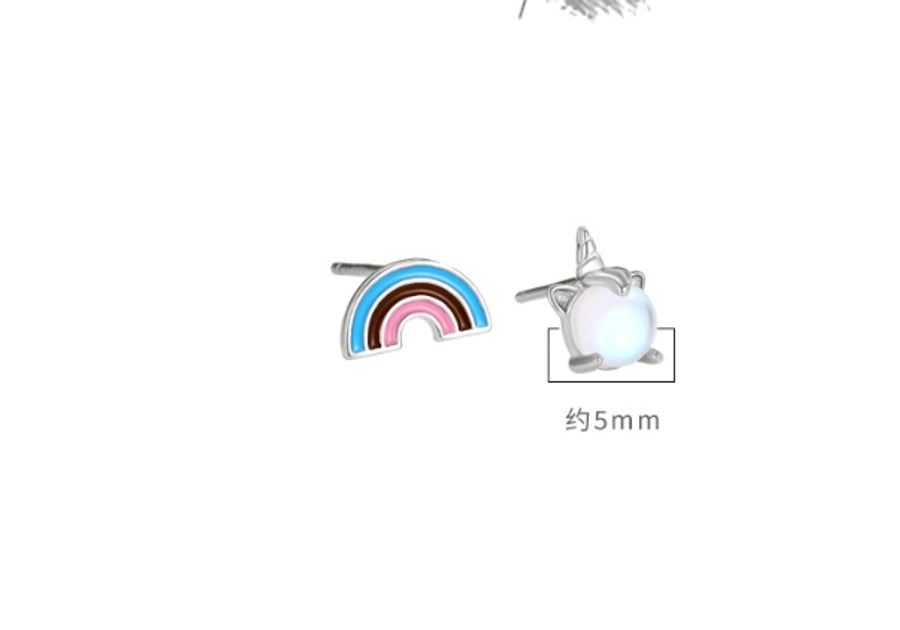s925 Sterling Silver Rainbow  Moonstone stud earrings elegant niche cute jewelry small asymmetric earrings for women