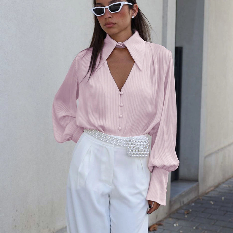 Women's Blouse Long Sleeve Blouses Hollow Out Elegant Stripe