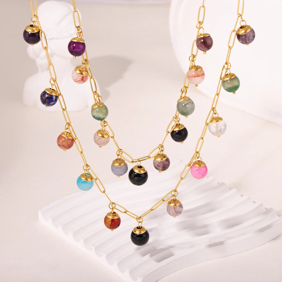 Jewelry Elegant Round 304 Stainless Steel Natural Stone 18K Gold Plated Plating Inlay Pendant Necklace