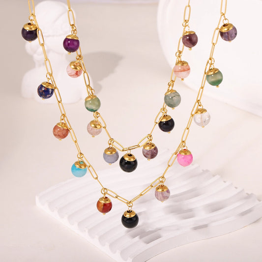Jewelry Elegant Round 304 Stainless Steel Natural Stone 18K Gold Plated Plating Inlay Pendant Necklace