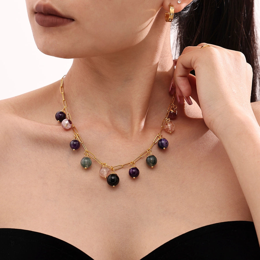 Jewelry Elegant Round 304 Stainless Steel Natural Stone 18K Gold Plated Plating Inlay Pendant Necklace