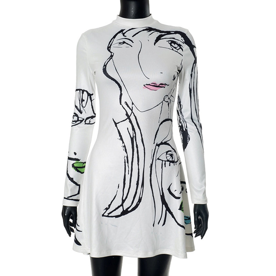 Women's A- Line Skirt Streetwear Round Neck Long Sleeve Portrait Lines Above Knee Daily