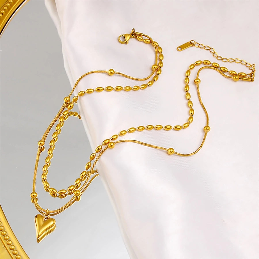 Jewelry Simple Style Heart Shape 304 Stainless Steel 18K Gold Plated Plating Double Layer Necklaces