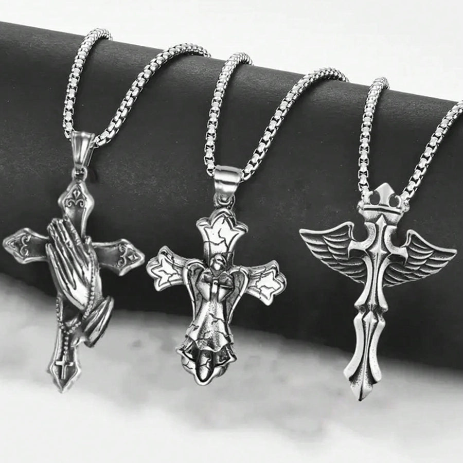 3PCs Men's Stainless Steel Necklace Suit Cross Pendant Necklace Suit Men's Gift Daily Wild Jewelry Suit