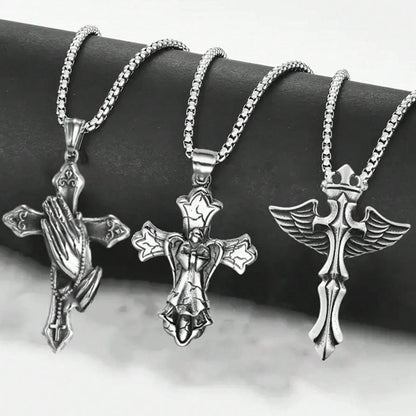 3PCs Men's Stainless Steel Necklace Suit Cross Pendant Necklace Suit Men's Gift Daily Wild Jewelry Suit