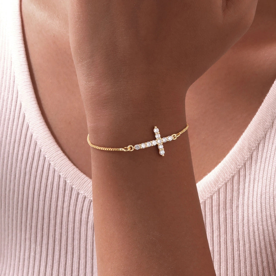 Jewelry IG Style Cross Copper Zircon 18K Gold Plated Inlay Bracelets
