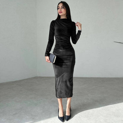 Women's Sheath Dress Casual Boat Neck Long Sleeve Solid Color Maxi Long Dress Daily