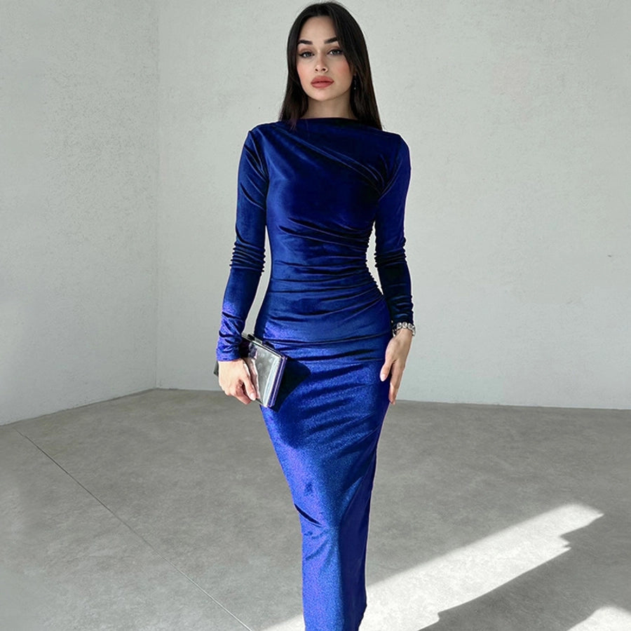 Women's Sheath Dress Casual Boat Neck Long Sleeve Solid Color Maxi Long Dress Daily