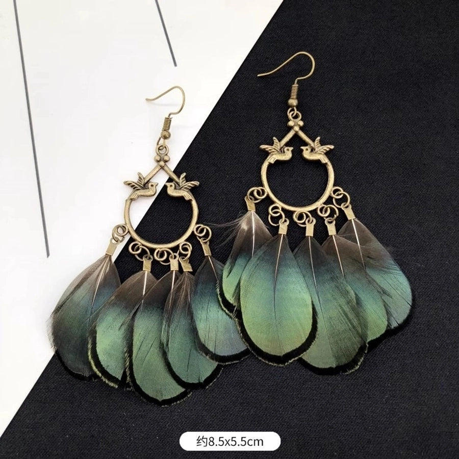 1 Pair Vintage Style Geometric Tassel Alloy Feather Drop Earrings