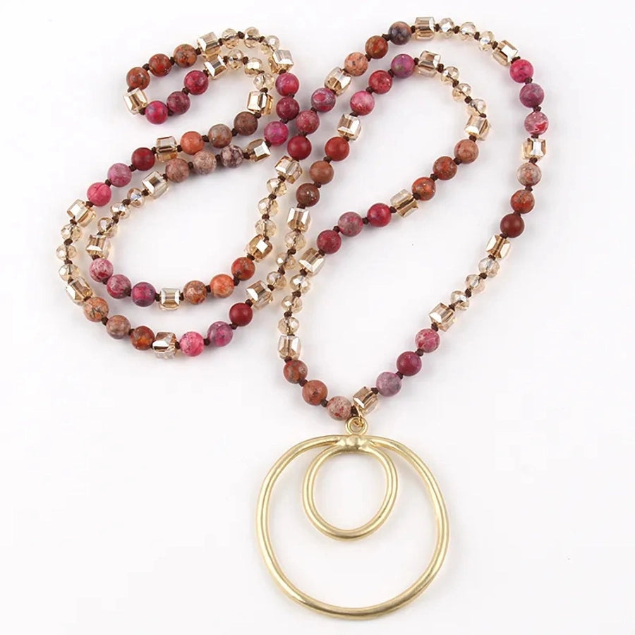 Retro Geometric Semi-precious stone Alloy Glass Beaded Chain Pendant Necklace In Bulk Natural stone necklace