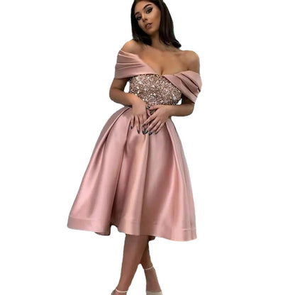 party dress romantic boat neck sequins backless sleeveless solid color midi dress wedding