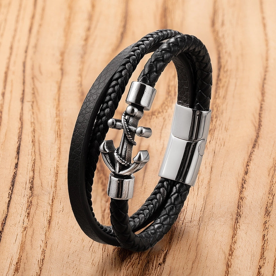 Vintage Style Punk Anchor 304 Stainless Steel Leather rope  Wrap Bracelets