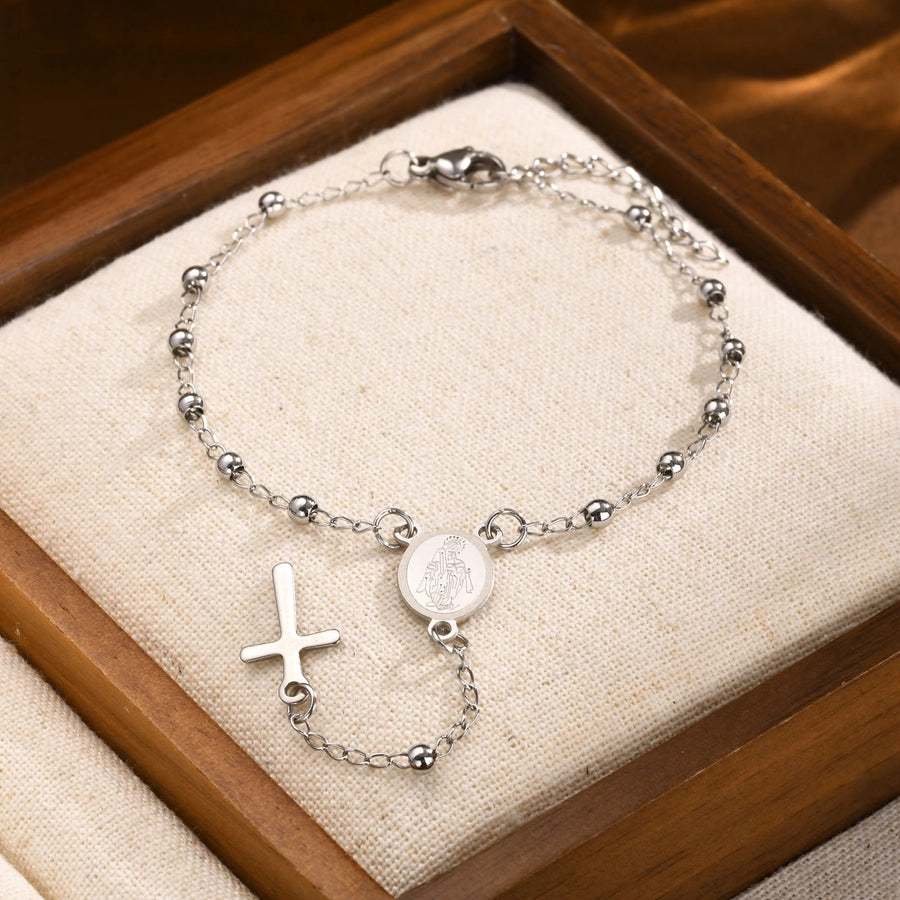 Vintage Style Simple Style Cross 201 Stainless Steel ball chain Bracelets In Bulk Stainless Steel Bracelets