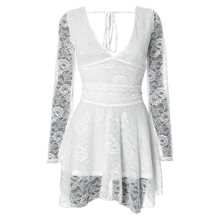 Women's A- Line Skirt Streetwear V Neck Lace Long Sleeve Solid Color Above Knee Daily