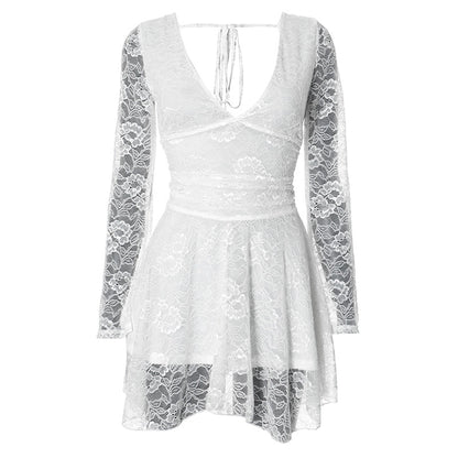 Women's A- Line Skirt Streetwear V Neck Lace Long Sleeve Solid Color Above Knee Daily