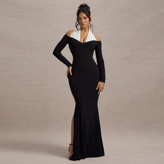 Women's Sheath Dress Streetwear Halter Neck Contrast Binding Long Sleeve Continuous Color Matching Maxi Long Dress Daily