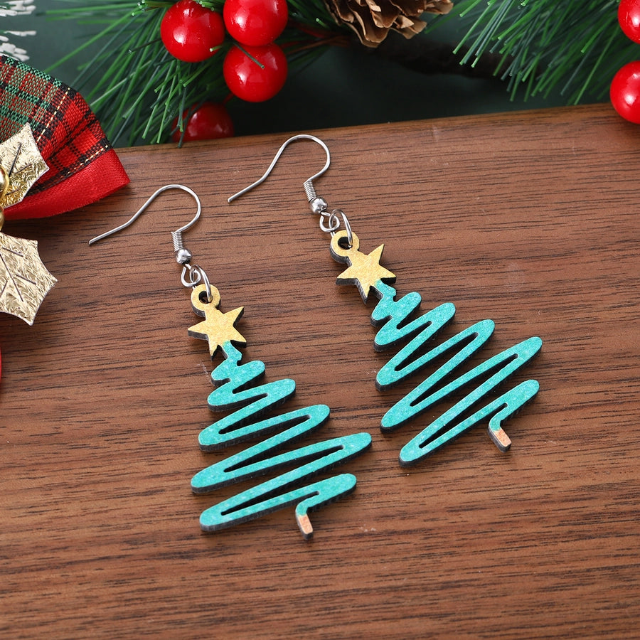 1 Pair Cute Retro Christmas Tree Wood Earrings