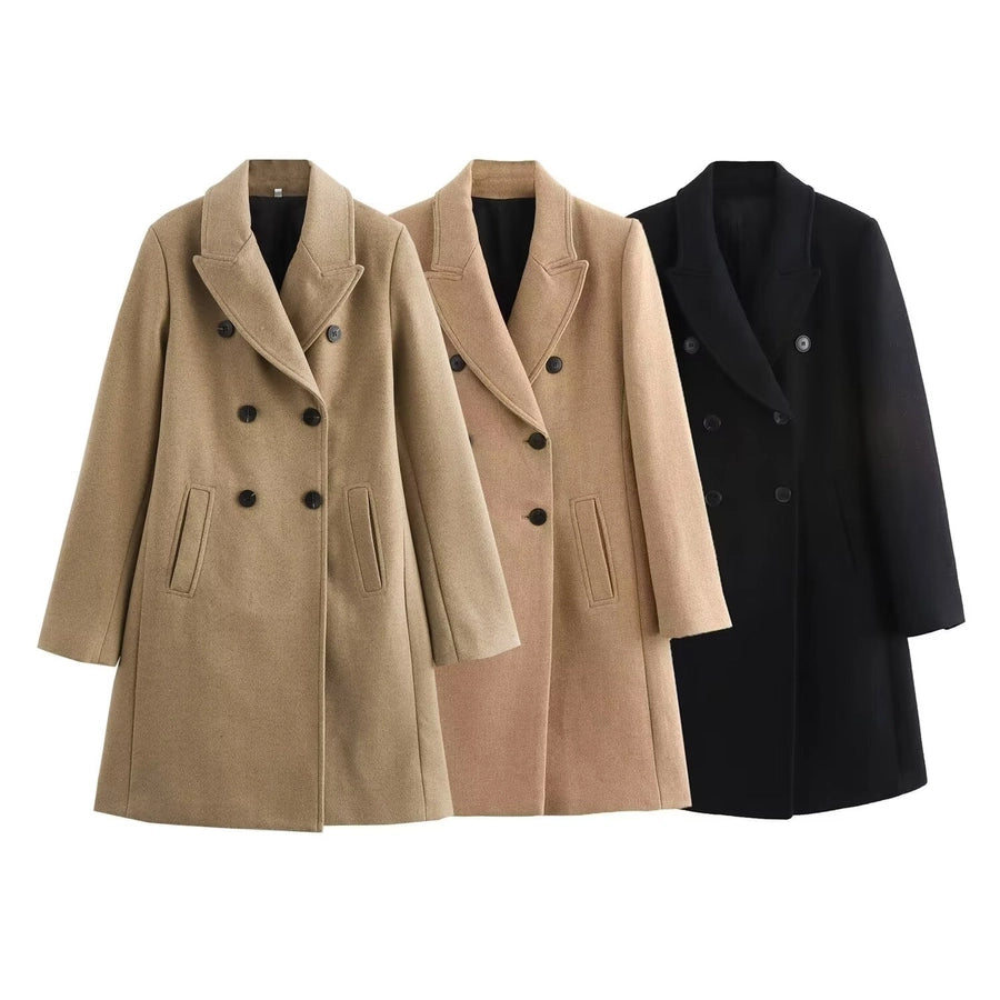 Women's Casual Elegant Solid Color Double Breasted Woolen Coat