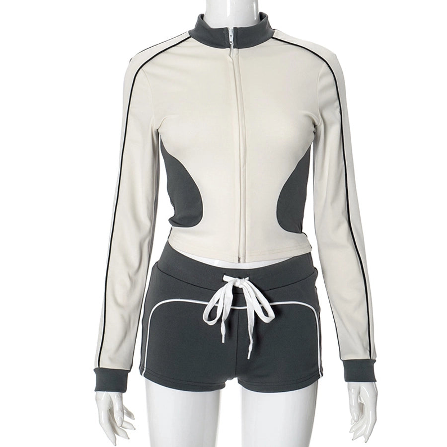 Daily Women's Streetwear Contrast Collar Spandex Polyester Twilled Satin Shorts Sets Shorts Sets