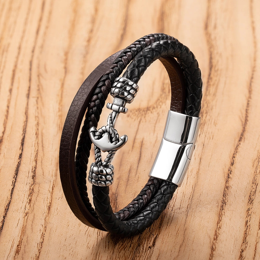 Vintage Style Punk Anchor 304 Stainless Steel Leather rope  Wrap Bracelets