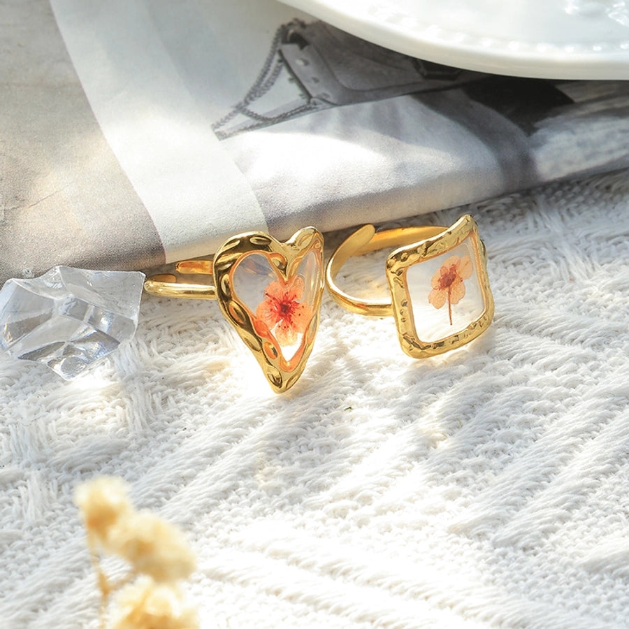 Jewelry French Style Sweet Commute Heart Shape Flower 304 Stainless Steel 14K Gold Plated Open Rings