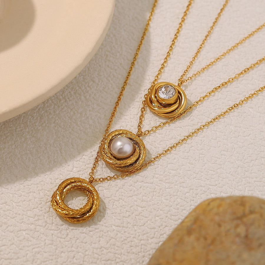 Jewelry IG Style Vacation French Style Round 304 Stainless Steel Artificial Pearls Zircon 18K Gold Plated Pendant Necklace