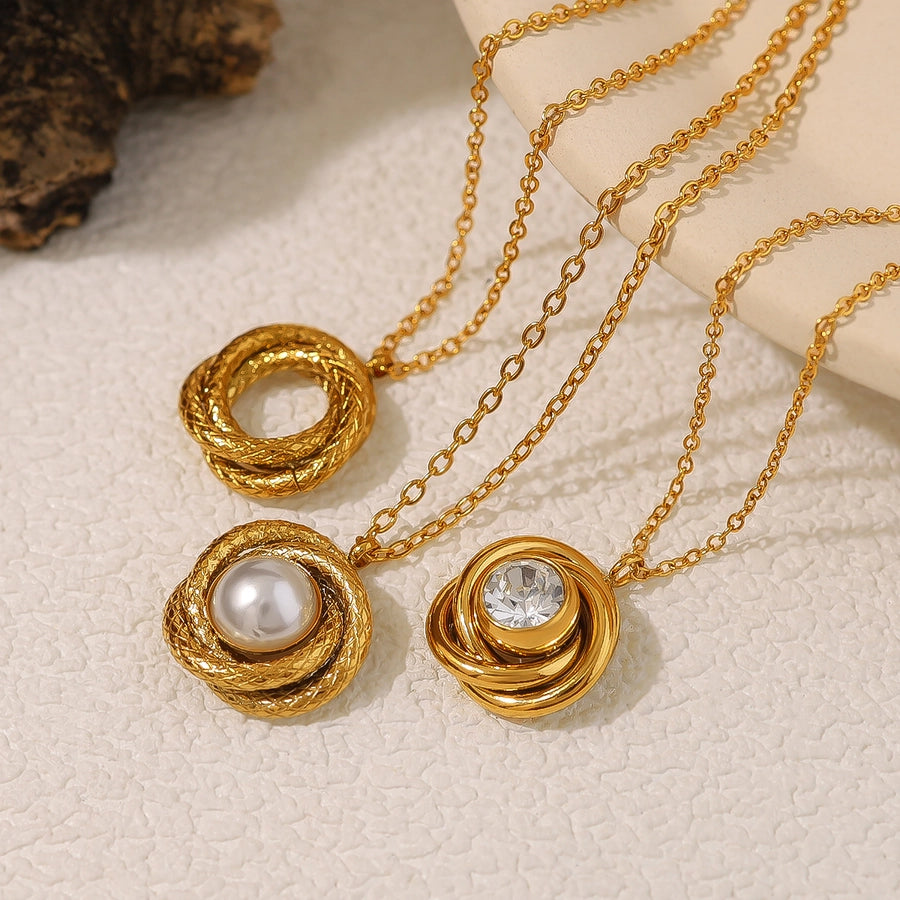 Jewelry IG Style Vacation French Style Round 304 Stainless Steel Artificial Pearls Zircon 18K Gold Plated Pendant Necklace