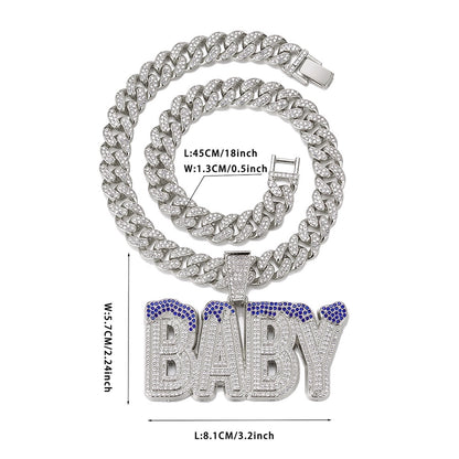 Cross-Border Hot Selling Men's Street Colorful Crystals English Letter Baby Pendant Rapper Hip Hop Cool Cuban Link Chain