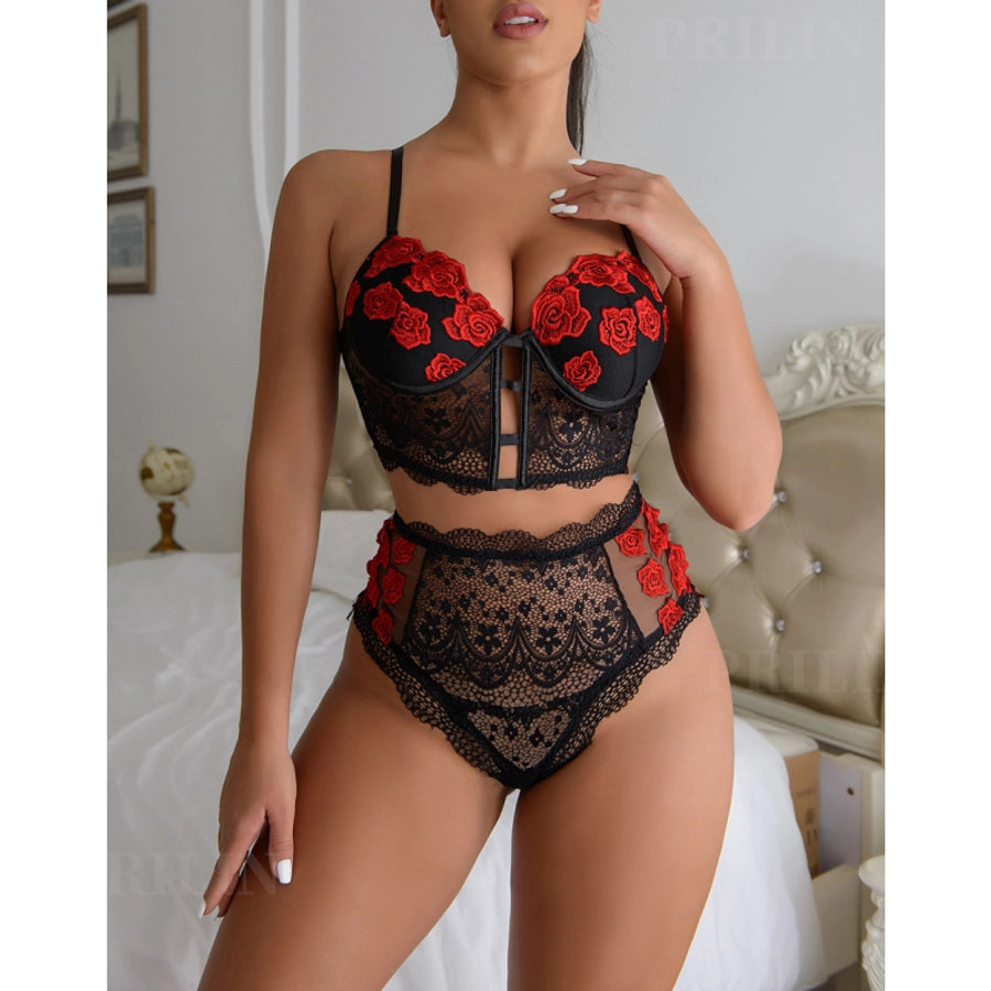 women's sexy flower sexy lingerie sets party embroidery adjustable high waist briefs sexy lingerie
