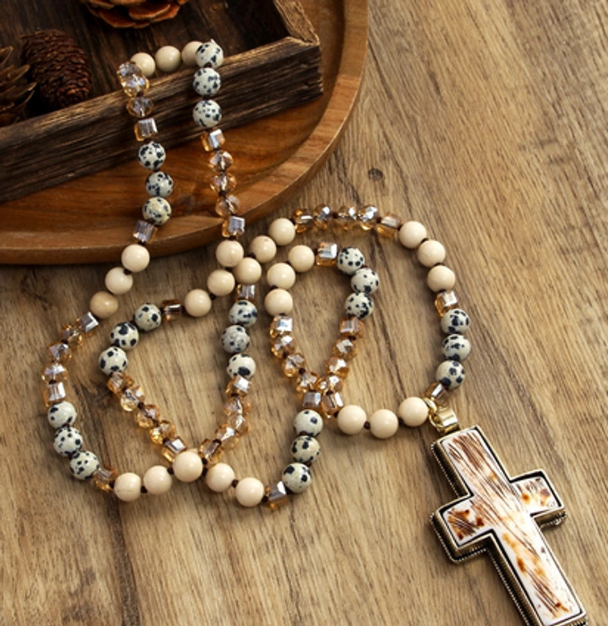 Retro Geometric Cross Semi-precious stone Alloy Resin Beaded Chain Pendant Necklace Long Necklace In Bulk Natural stone necklace