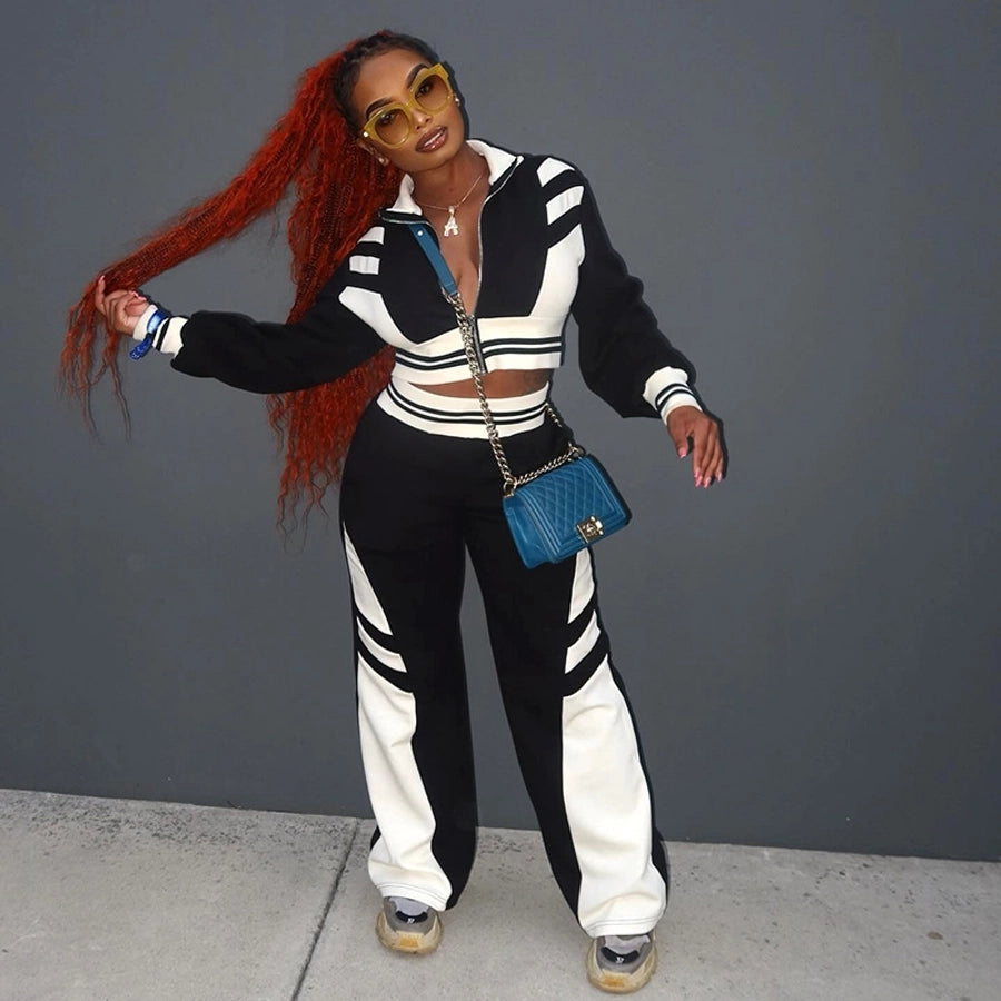 Daily Women's Streetwear Color Block Spandex Polyester Twilled Satin Pants Sets Pants Sets