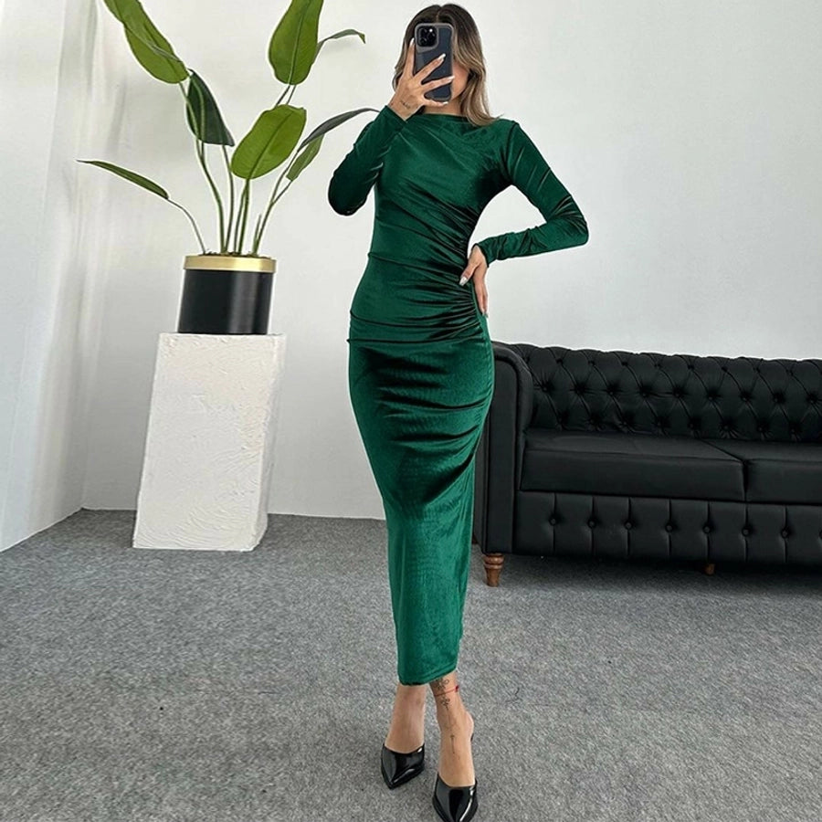 Women's Sheath Dress Casual Boat Neck Long Sleeve Solid Color Maxi Long Dress Daily