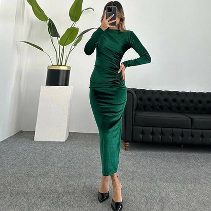 Women's Sheath Dress Casual Boat Neck Long Sleeve Solid Color Maxi Long Dress Daily